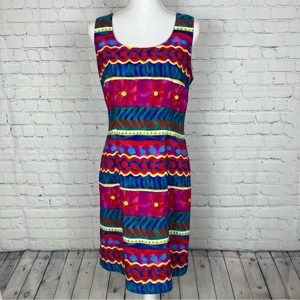 1990's Fuchsia multicolor abstract color block sheath sleeveless dress